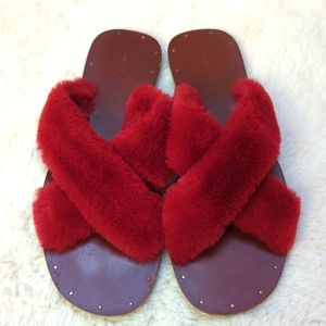 Zara Burgundy Fur Flat Sandals Size 38